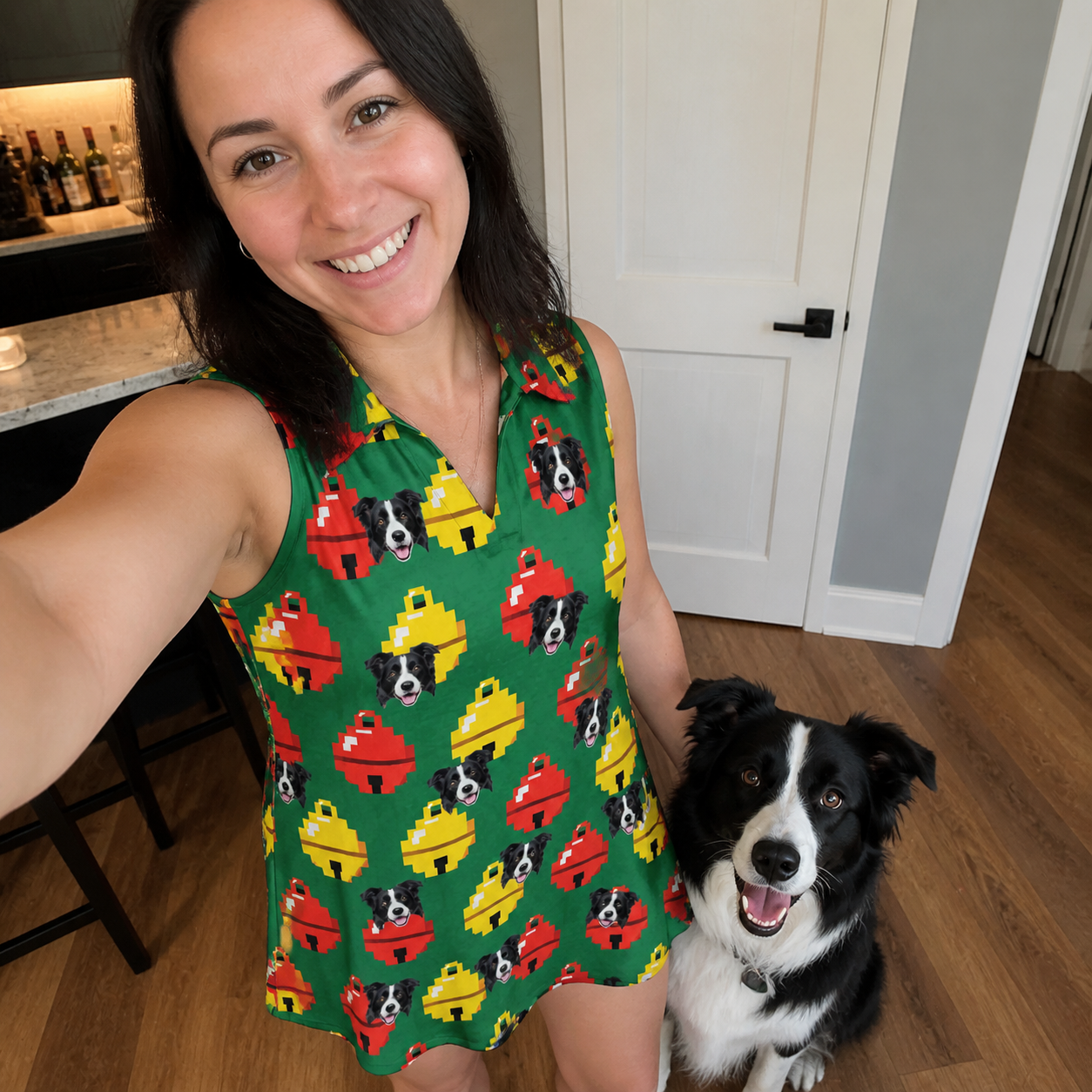 Selfie with the pet whose face is printed all over this Women's Ringing Revelry Custom Dog Face V-Neck Dress