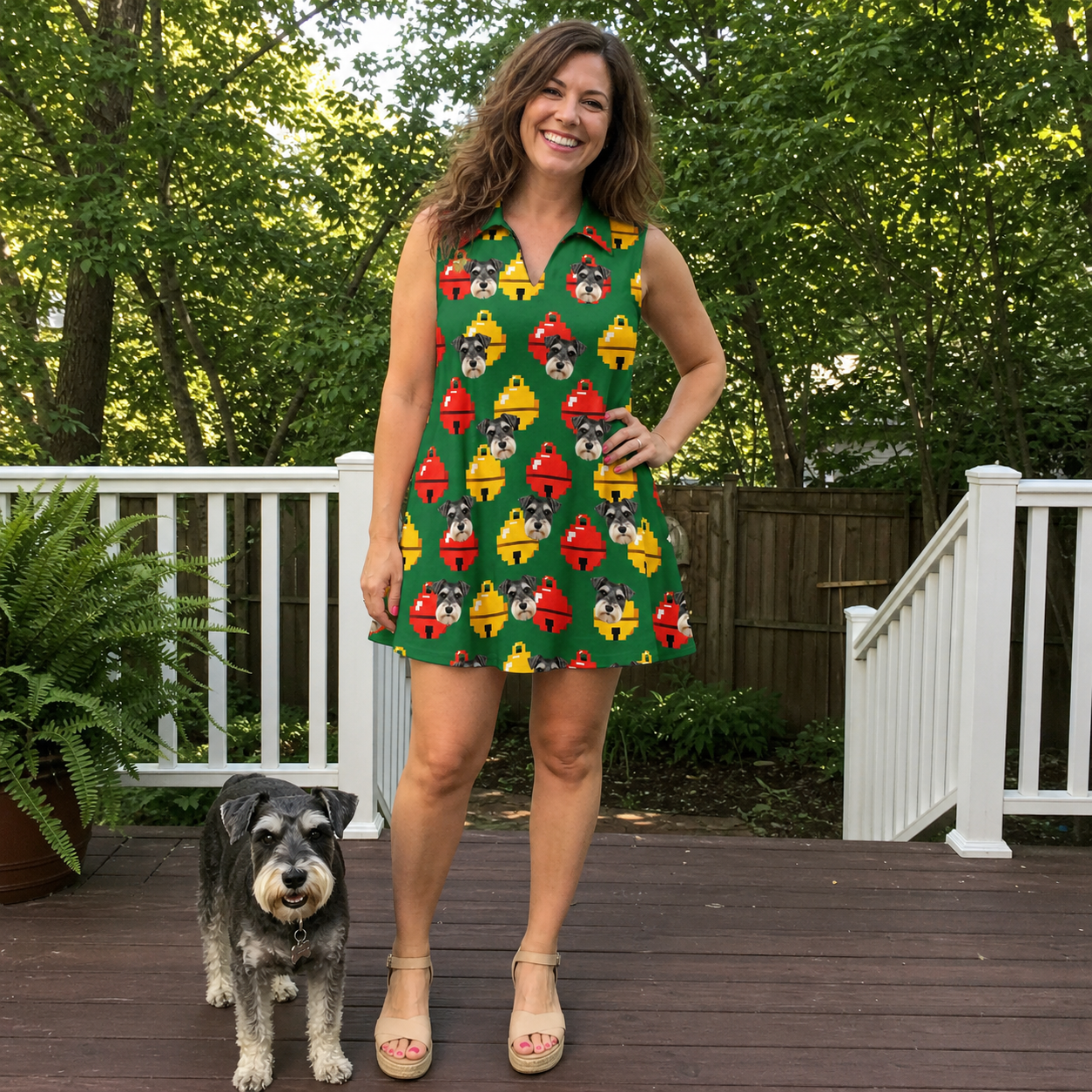 Full-length photo with the pet printed all over this Women's Ringing Revelry Custom Dog Face V-Neck Dress