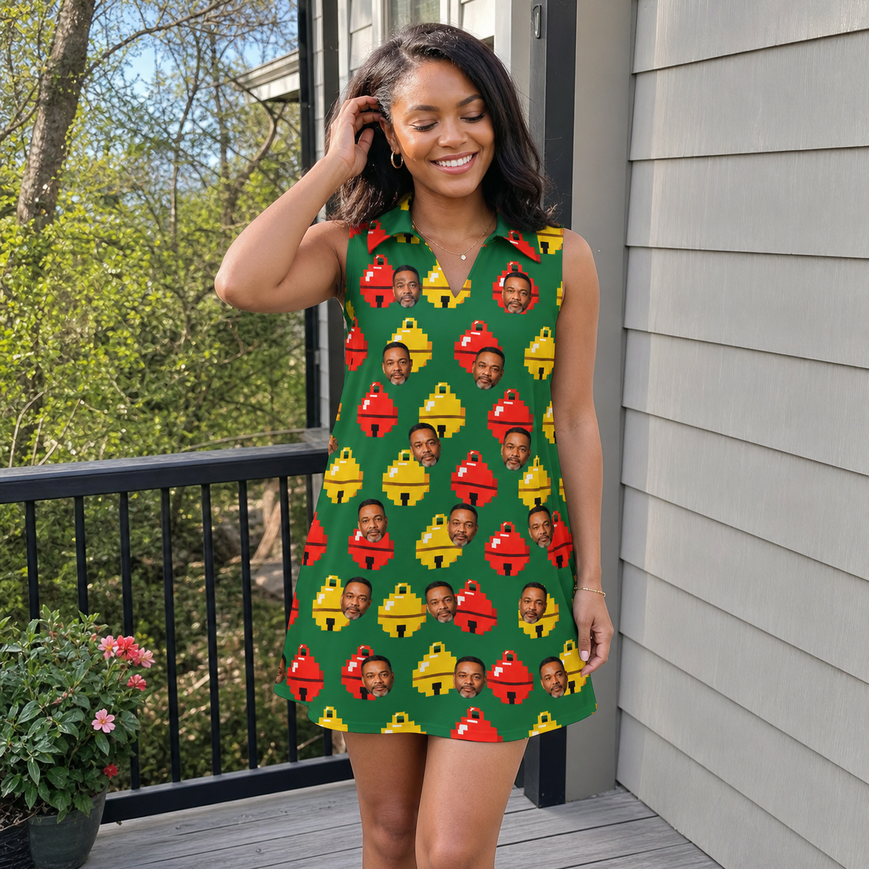 Real-life photo of someone wearing Women's Ringing Revelry Custom Face V-Neck Dress — custom faces printed all-over