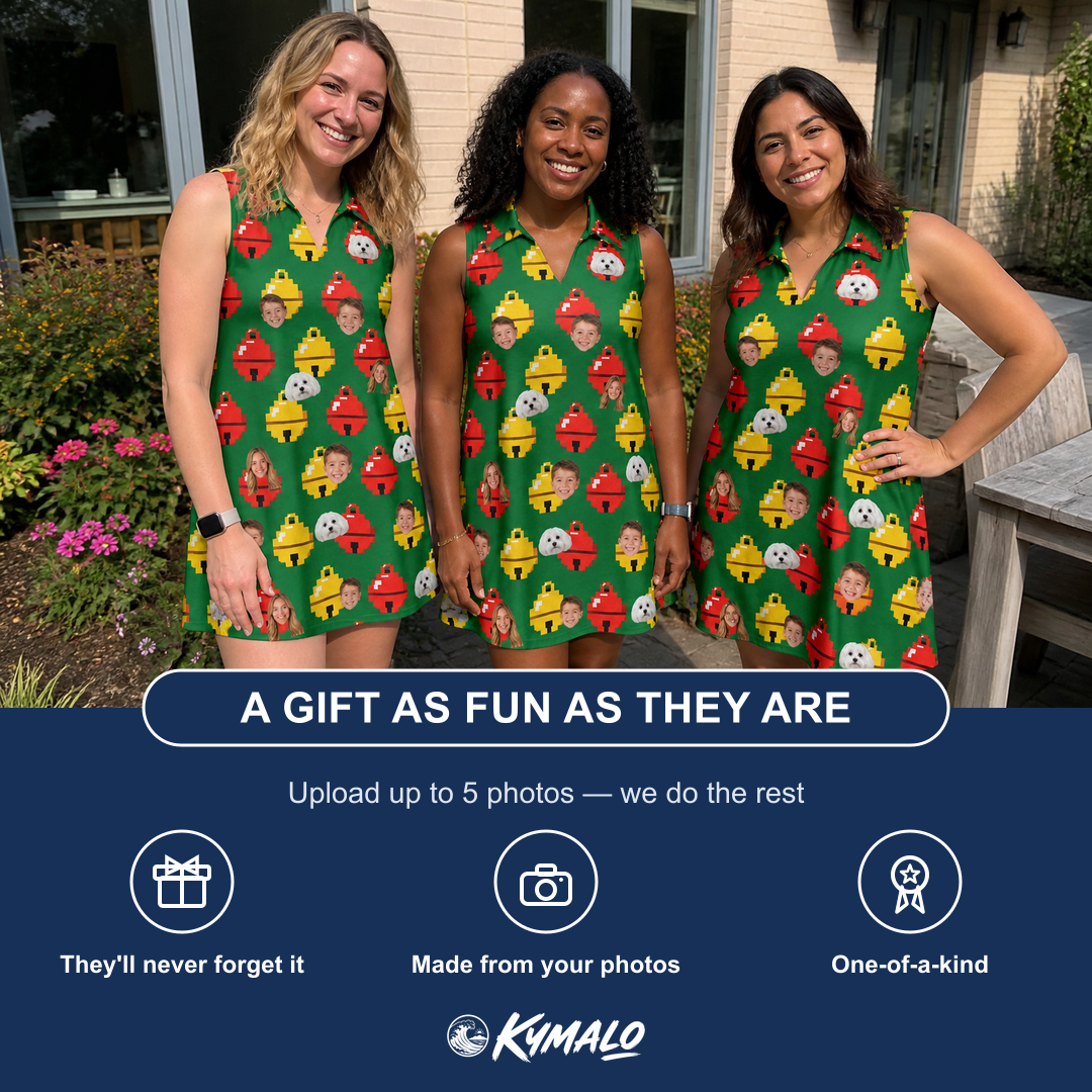Friends in matching Women's Ringing Revelry Custom Face V-Neck Dress — a group gift photo