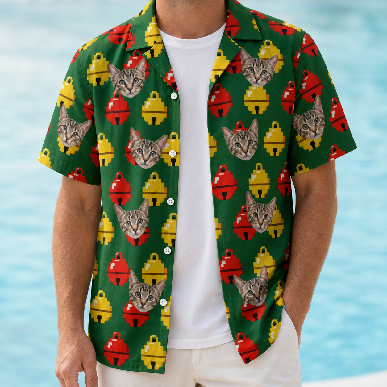 Man wearing Men's Ringing Revelry Custom Cat Face Hawaiian Shirt open over a white tee