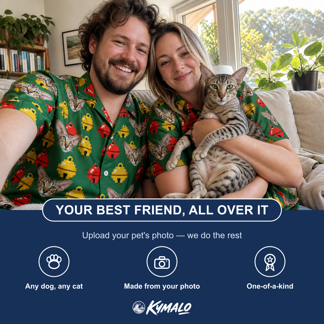 Friends in matching Men's Ringing Revelry Custom Cat Face Hawaiian Shirt — a group gift photo