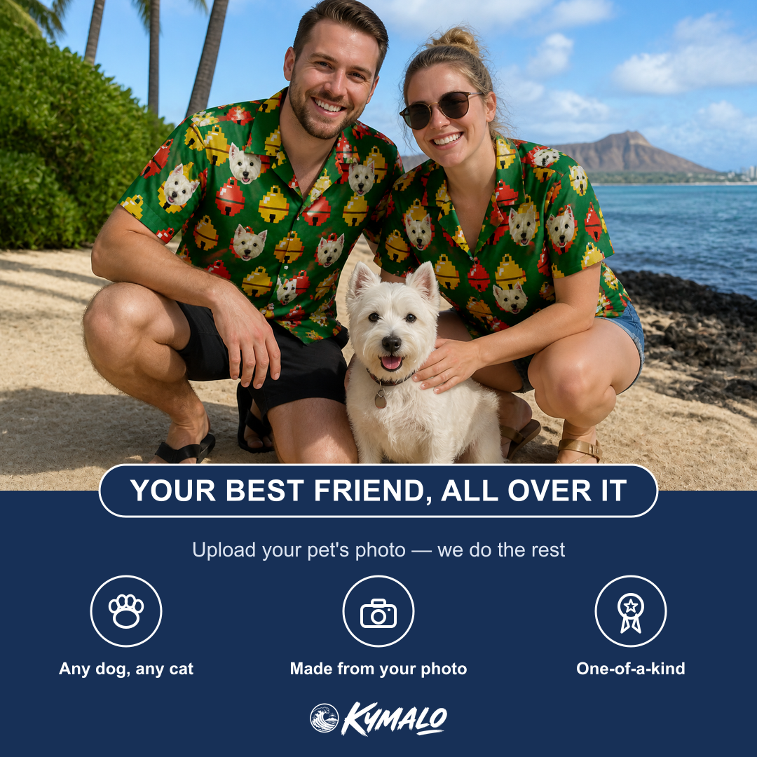 Friends in matching Men's Ringing Revelry Custom Dog Face Hawaiian Shirt — a group gift photo
