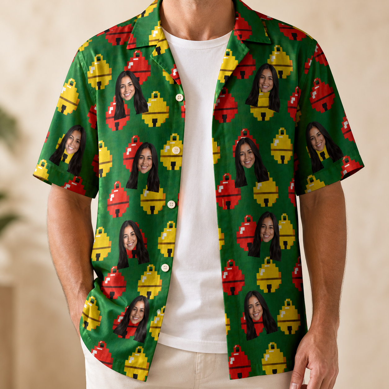 Man wearing Men's Ringing Revelry Custom Face Hawaiian Shirt open over a white tee