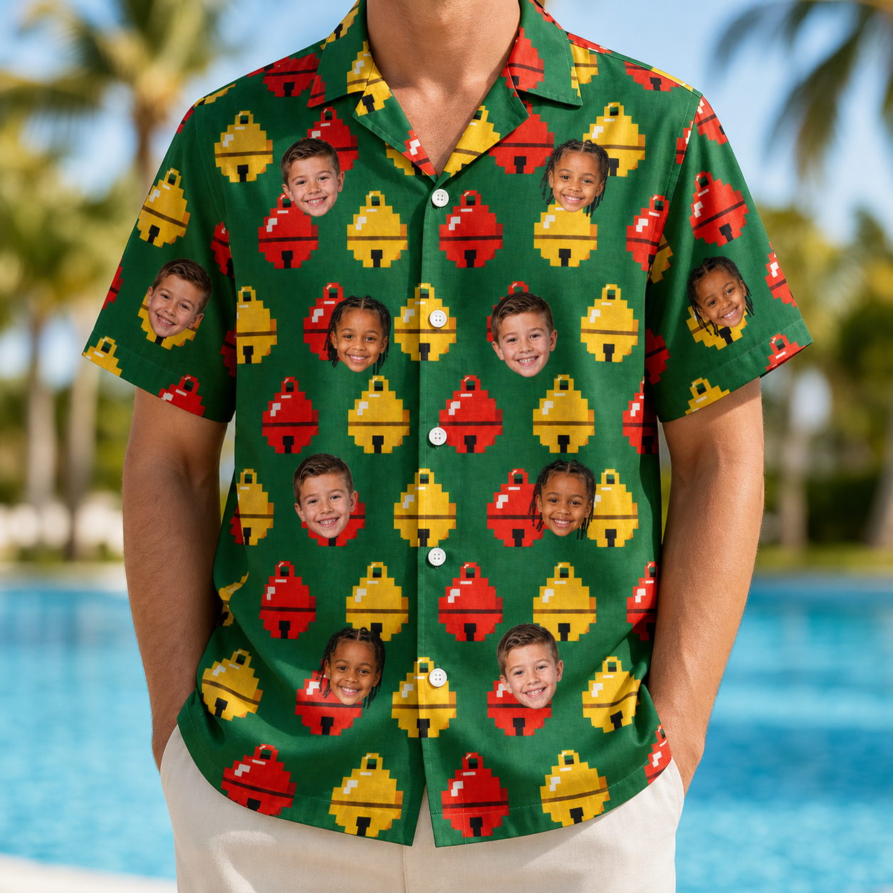Model wearing Men's Ringing Revelry Custom Face Hawaiian Shirt printed with kids' faces