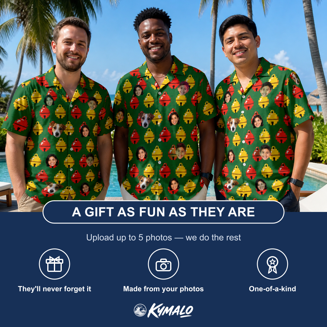 Friends in matching Men's Ringing Revelry Custom Face Hawaiian Shirt — a group gift photo