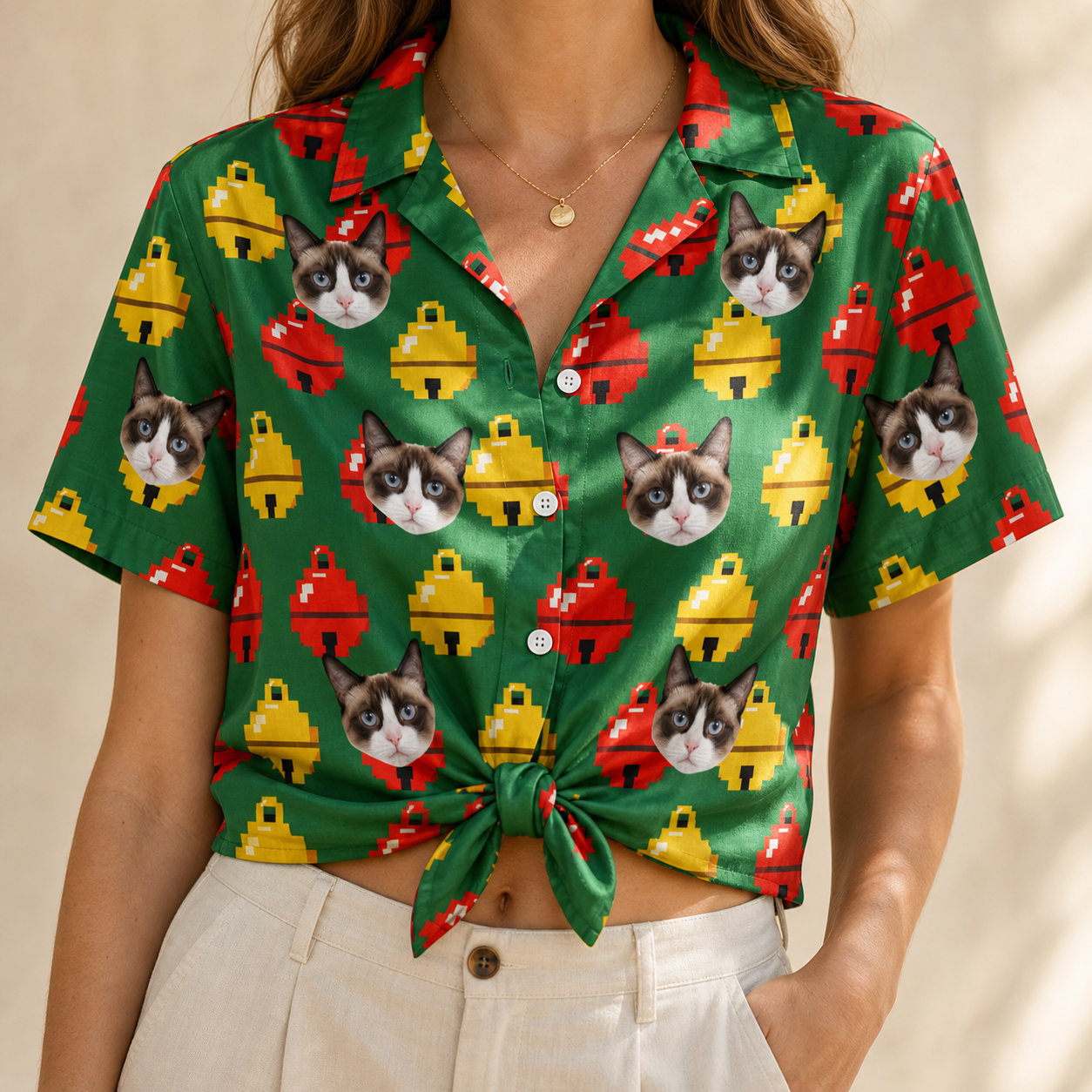 Woman wearing Women's Ringing Revelry Custom Cat Face Hawaiian Shirt tied at the waist