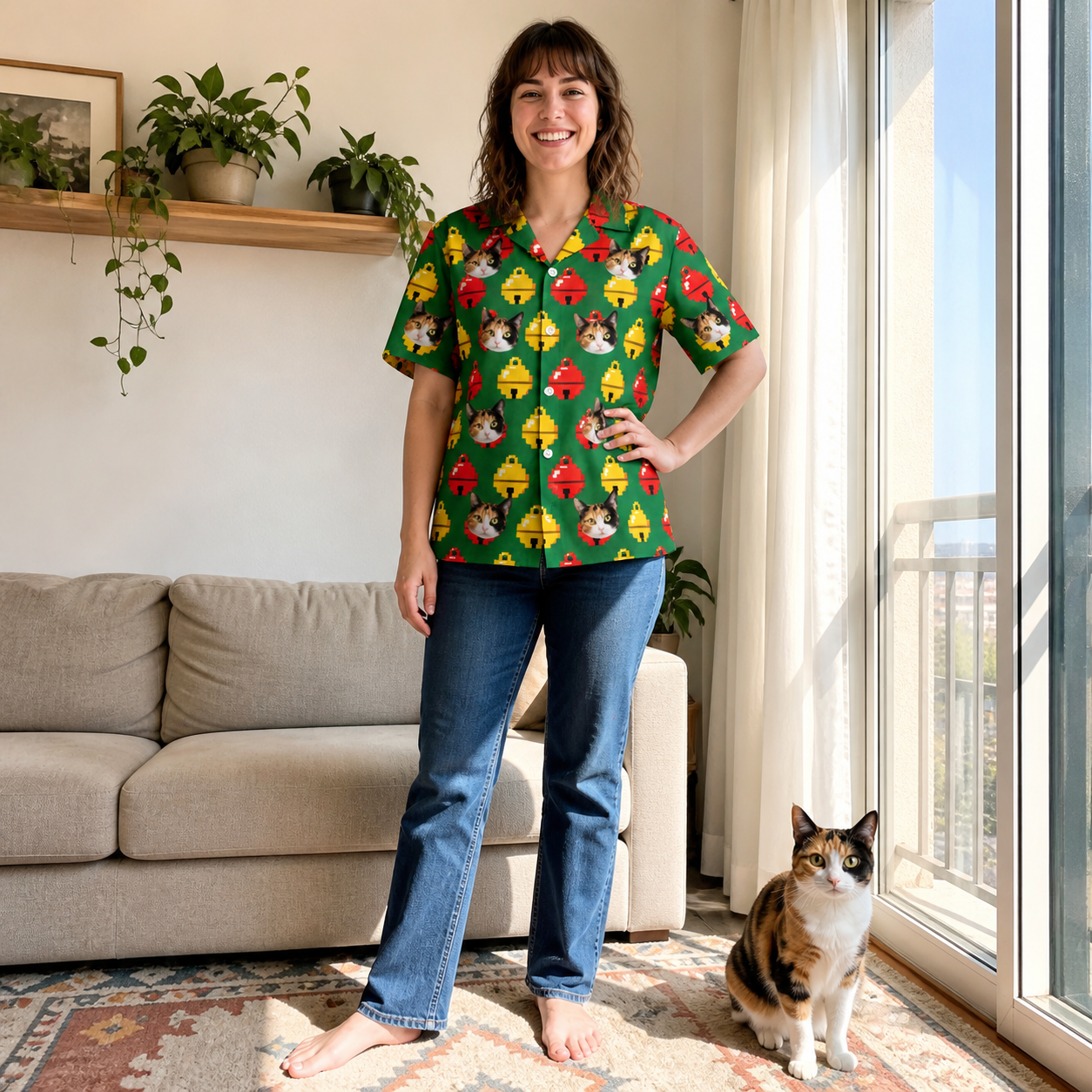 Full-length photo with the pet printed all over this Women's Ringing Revelry Custom Cat Face Hawaiian Shirt