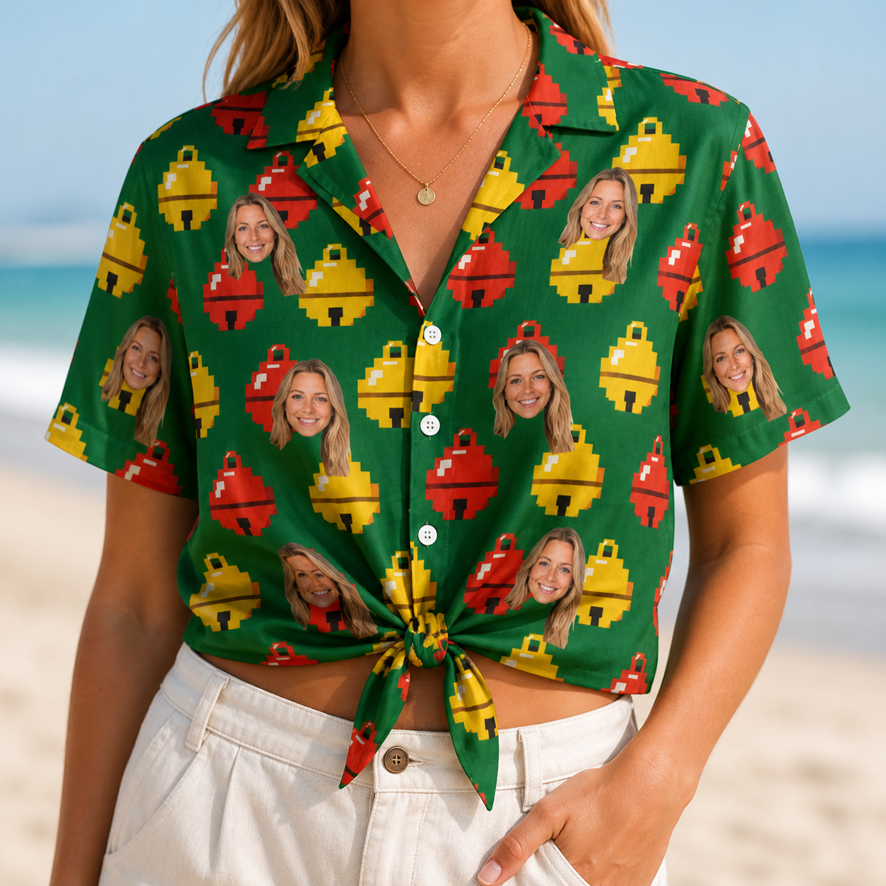 Woman wearing Women's Ringing Revelry Custom Face Hawaiian Shirt tied at the waist