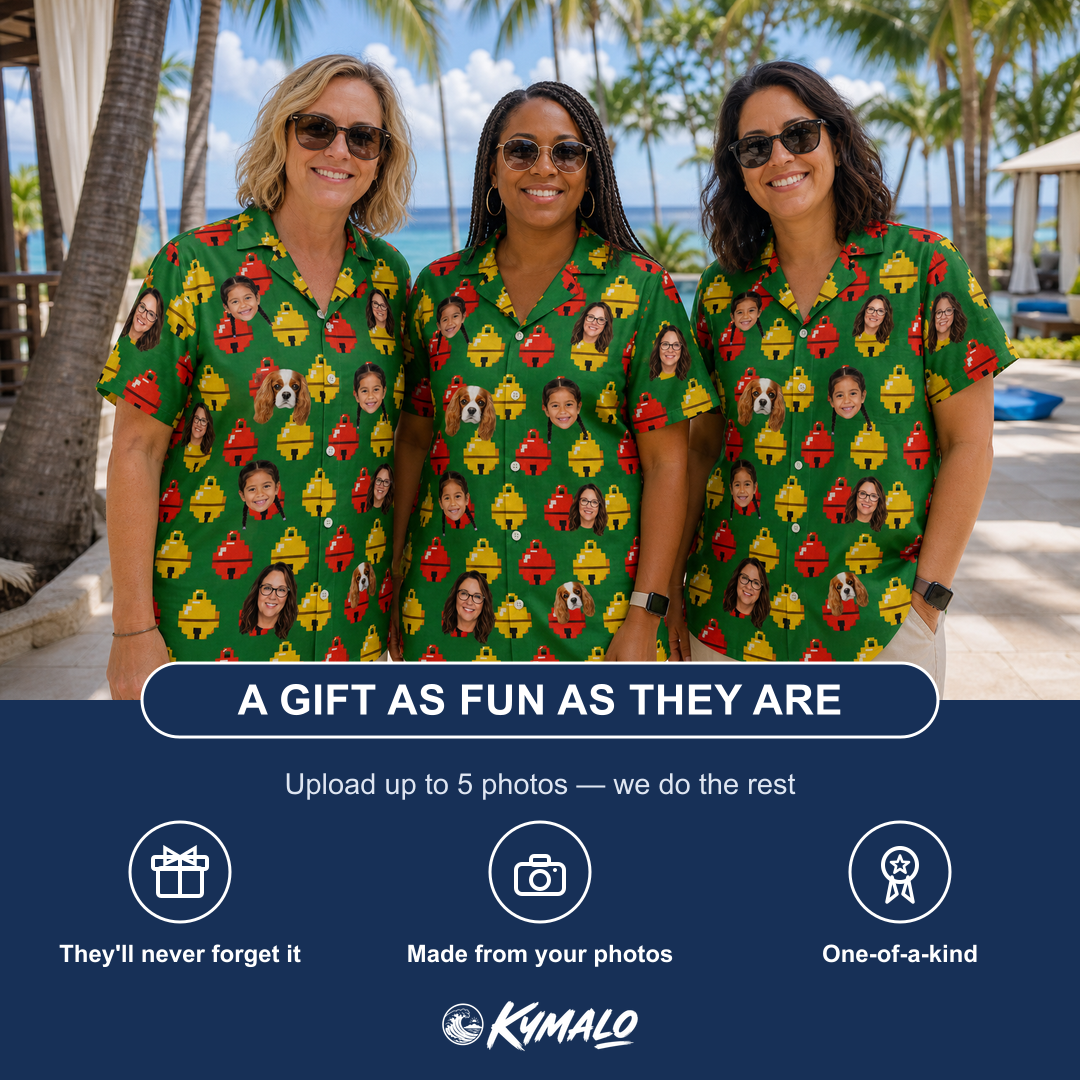 Friends in matching Women's Ringing Revelry Custom Face Hawaiian Shirt — a group gift photo