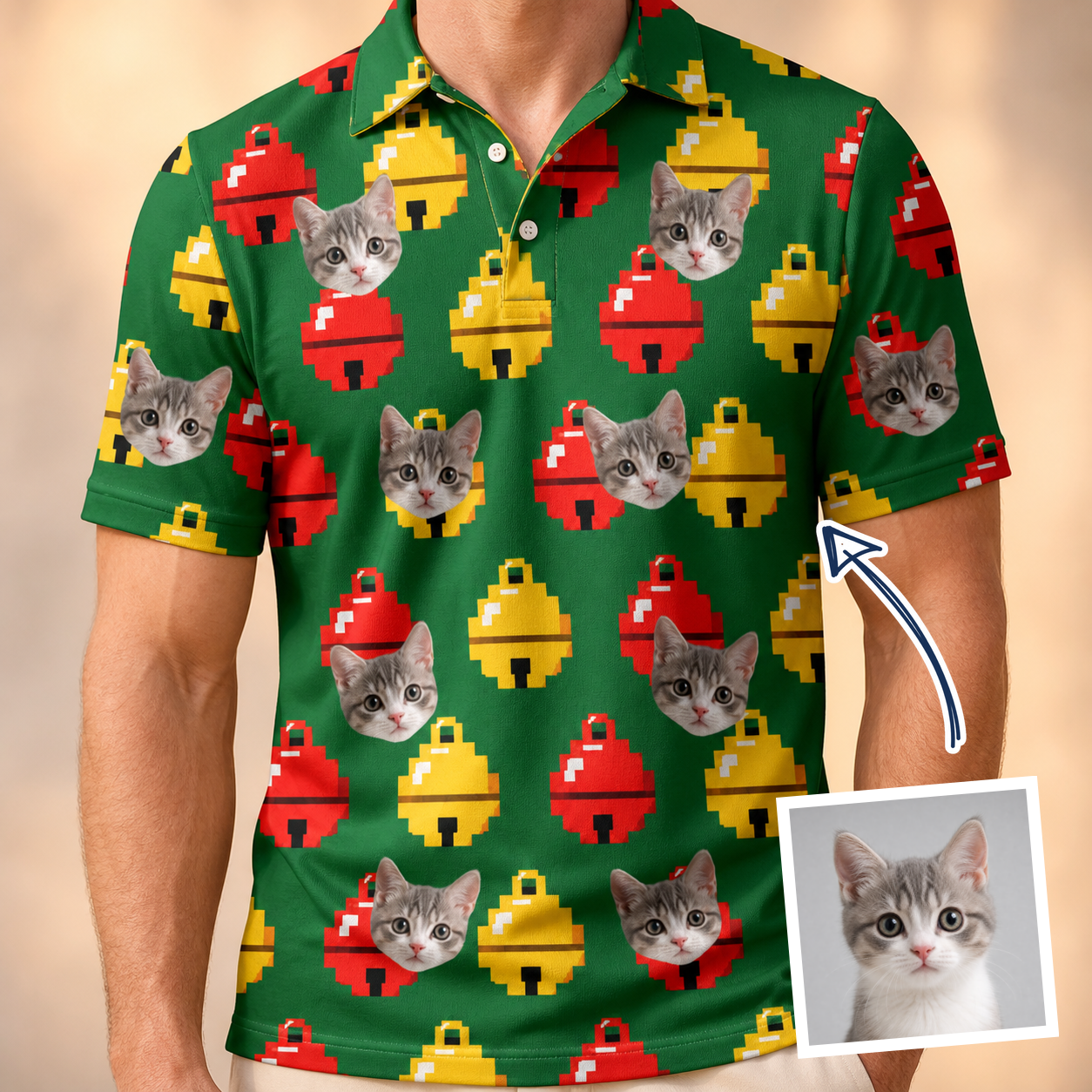 Man wearing Men's Ringing Revelry Custom Cat Face Polo Shirt — custom faces printed all-over