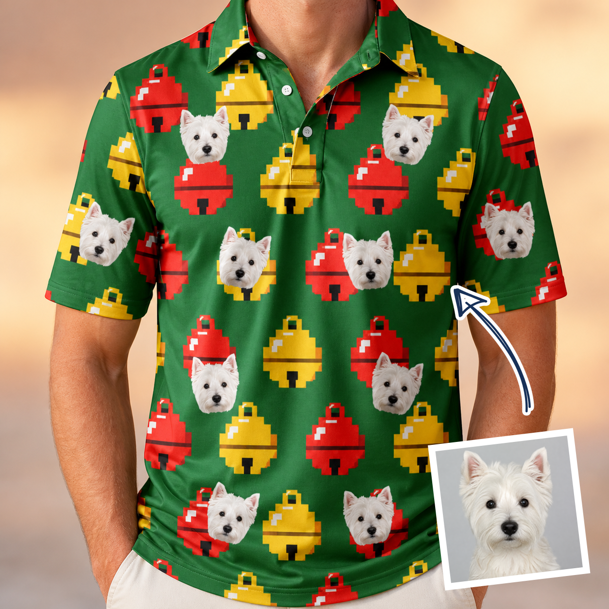 Man wearing Men's Ringing Revelry Custom Dog Face Polo Shirt — custom faces printed all-over