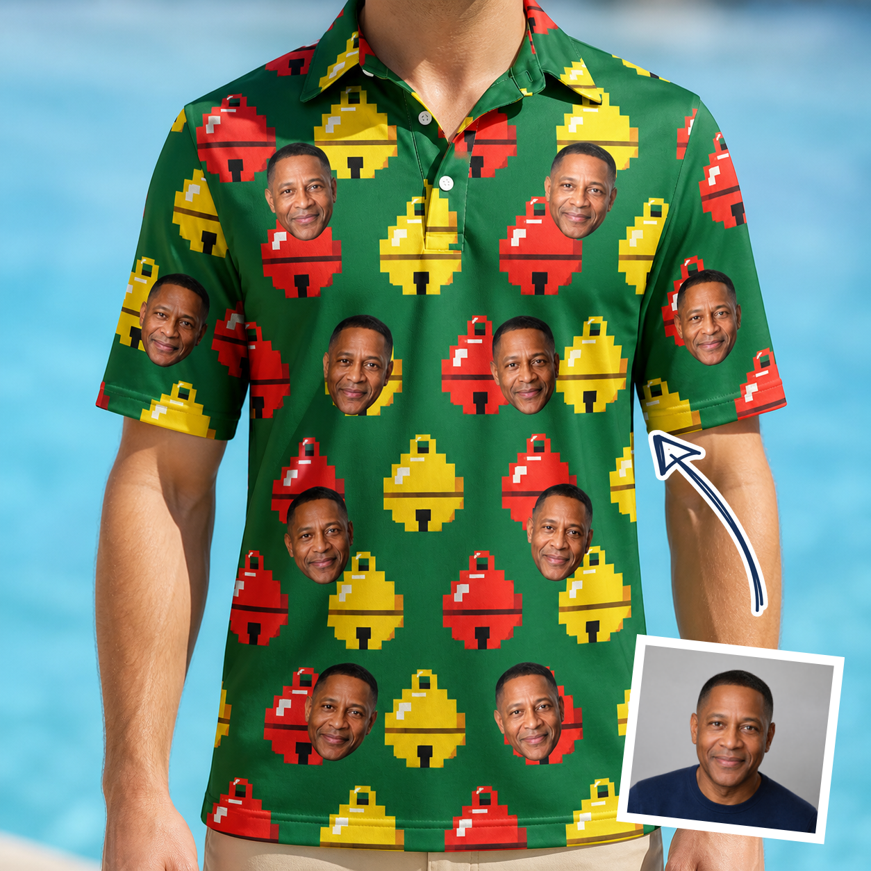 Man wearing Men's Ringing Revelry Custom Face Polo Shirt — custom faces printed all-over