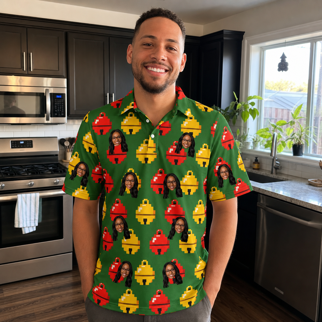Real-life photo of someone wearing Men's Ringing Revelry Custom Face Polo Shirt — custom faces printed all-over