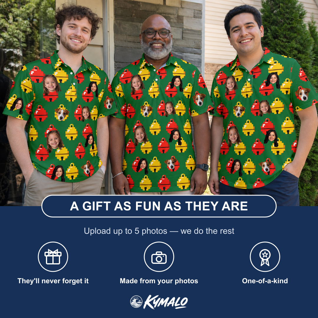 Friends in matching Men's Ringing Revelry Custom Face Polo Shirt — a group gift photo