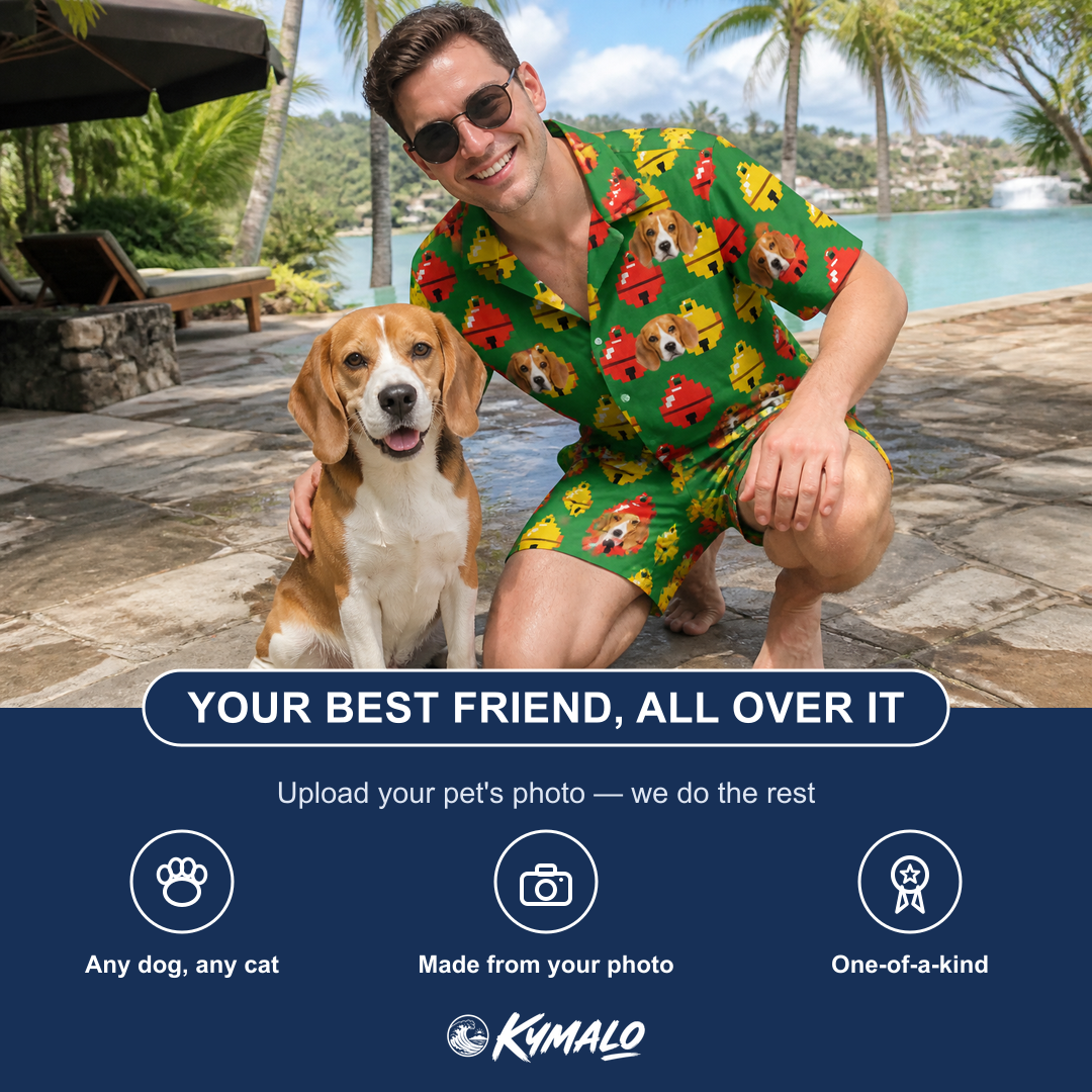 Friends in matching Men's Ringing Revelry Custom Dog Face Shirt & Shorts Set — a group gift photo