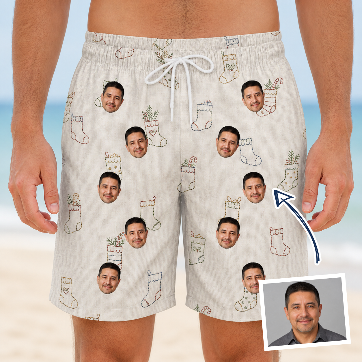 Man wearing Men's Santa Satchels Custom Face Beach Shorts — custom faces printed all-over
