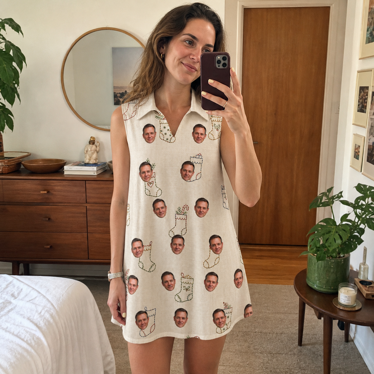 Real-life photo of someone wearing Women's Santa Satchels Custom Face V-Neck Dress — custom faces printed all-over