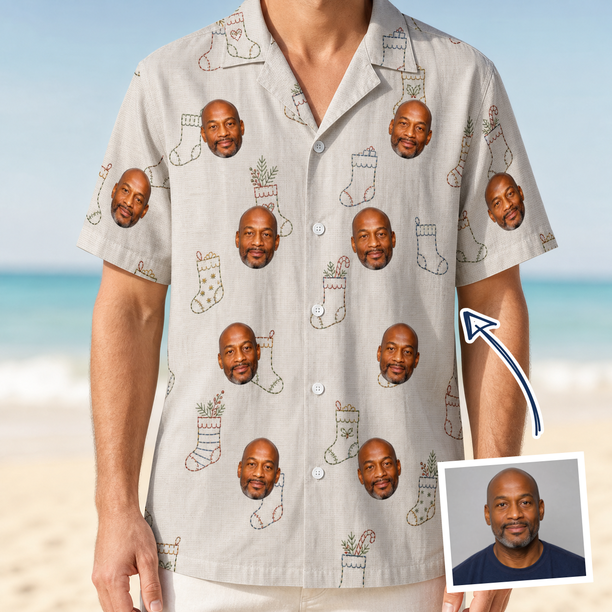 Man wearing Men's Santa Satchels Custom Face Hawaiian Shirt — custom faces printed all-over