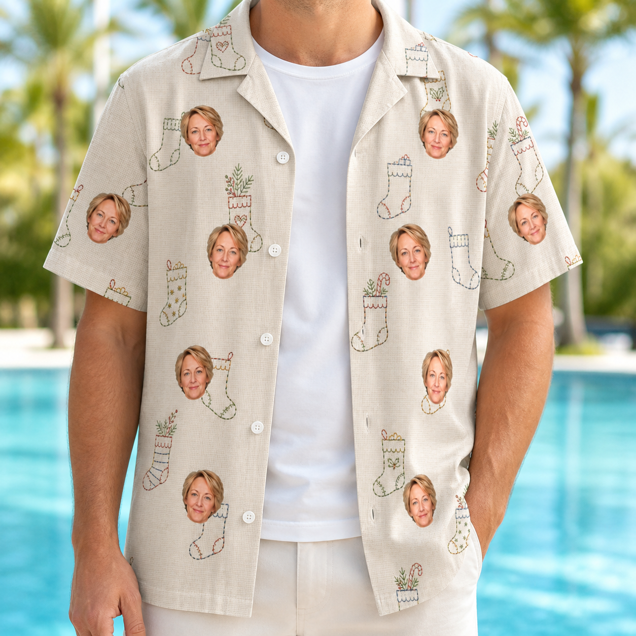 Man wearing Men's Santa Satchels Custom Face Hawaiian Shirt open over a white tee
