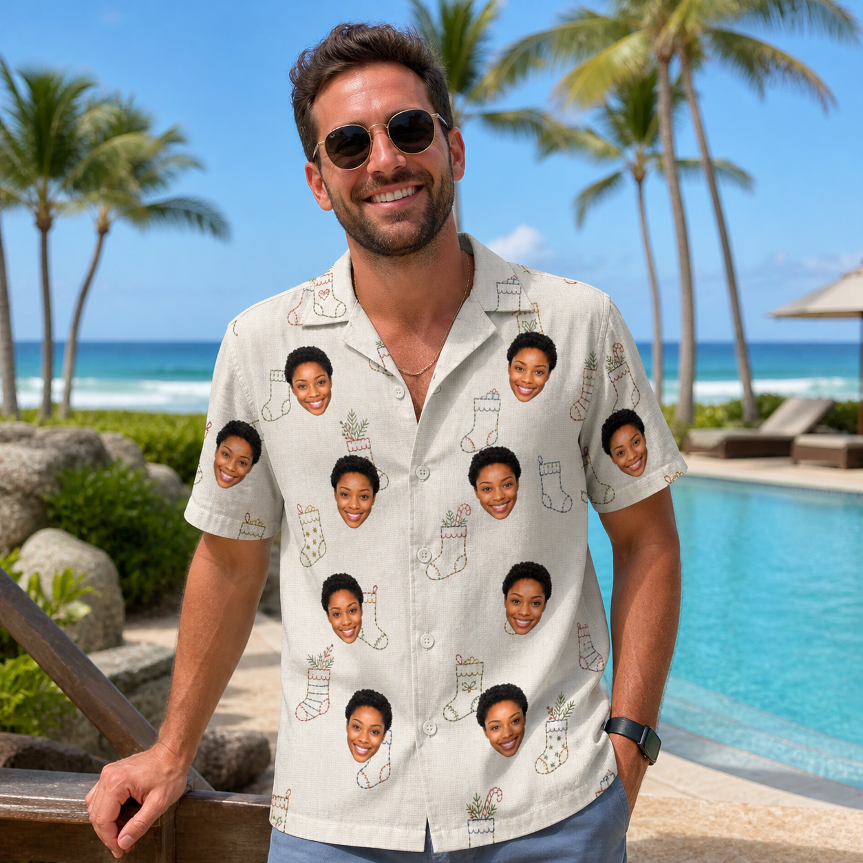 Real-life photo of someone wearing Men's Santa Satchels Custom Face Hawaiian Shirt — custom faces printed all-over