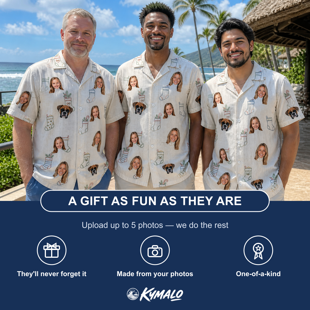 Friends in matching Men's Santa Satchels Custom Face Hawaiian Shirt — a group gift photo