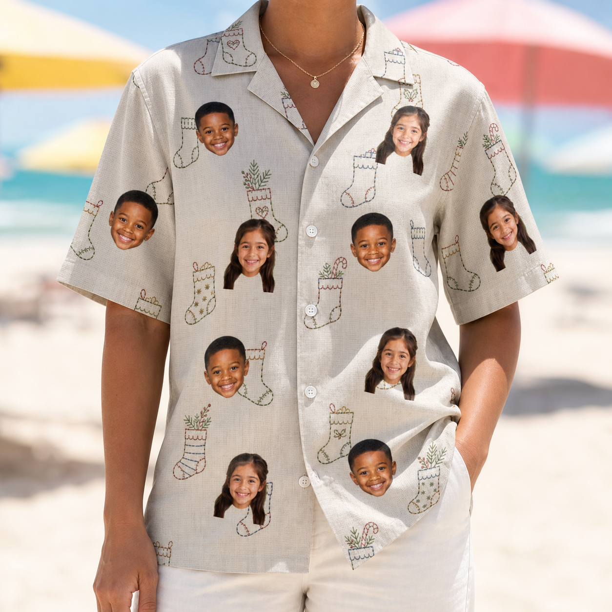 Model wearing Women's Santa Satchels Custom Face Hawaiian Shirt printed with kids' faces