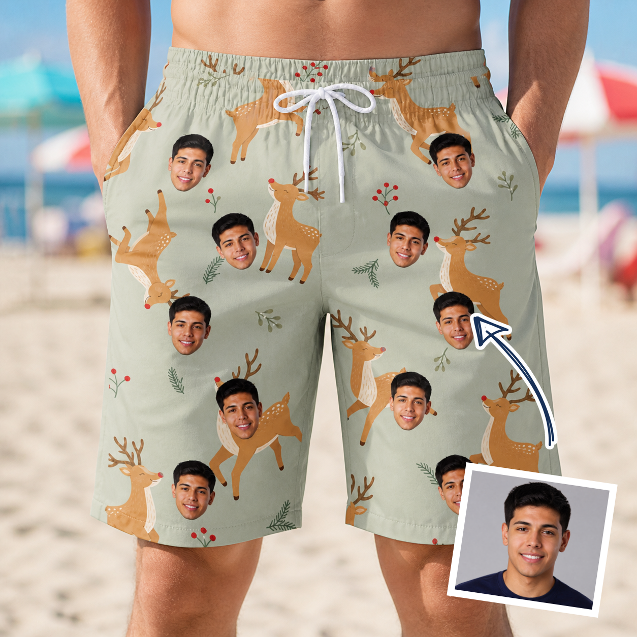 Man wearing Men's Hoof Hootenanny Custom Face Beach Shorts — custom faces printed all-over