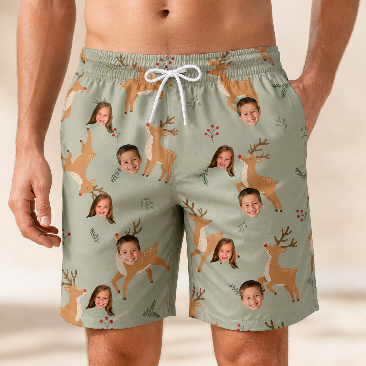 Model wearing Men's Hoof Hootenanny Custom Face Beach Shorts printed with kids' faces