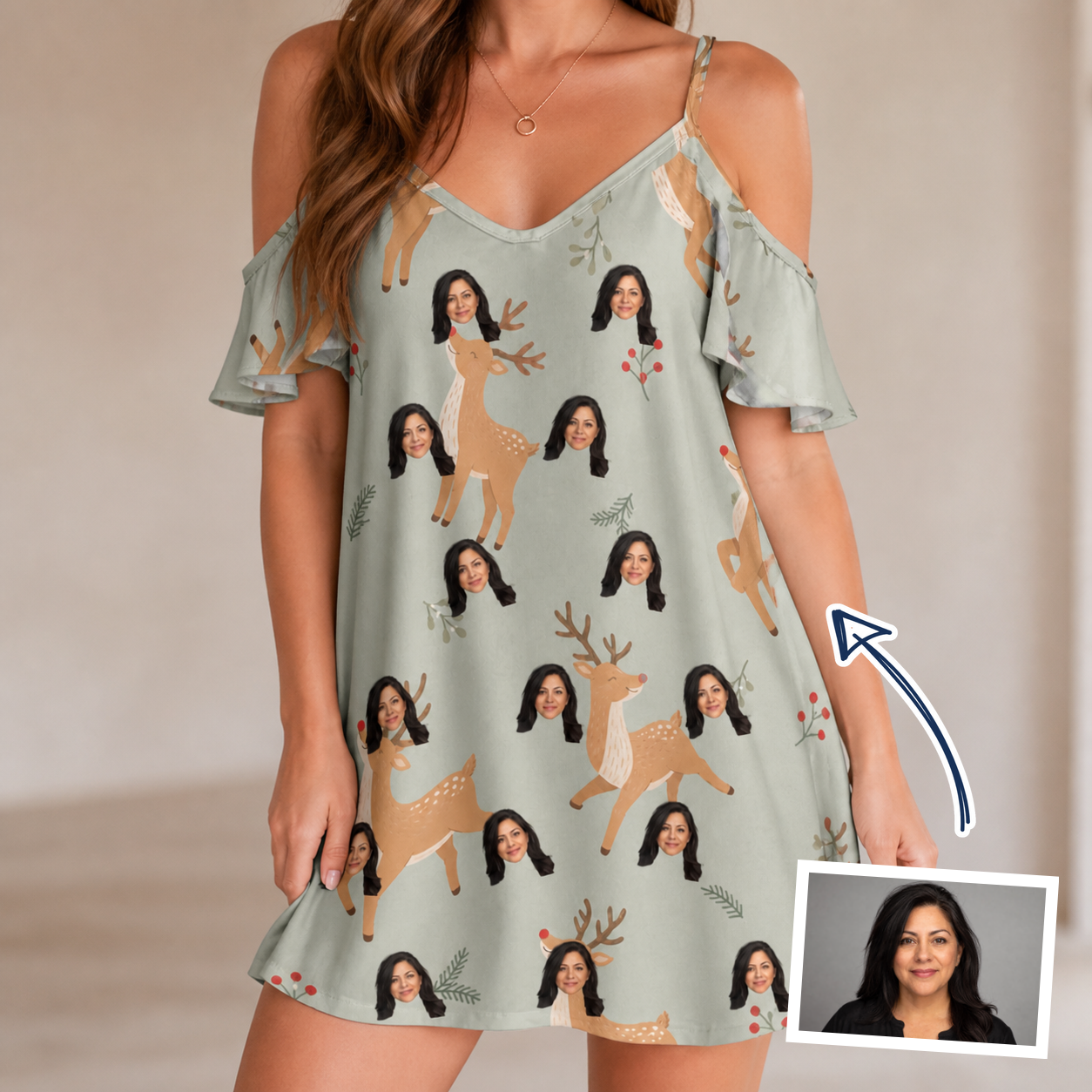 Woman wearing Women's Hoof Hootenanny Custom Face Off-Shoulder Dress — custom faces printed all-over