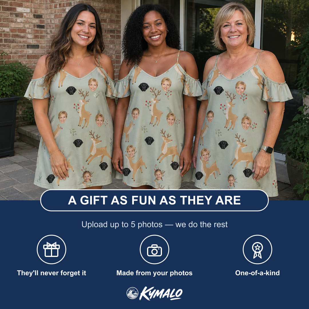 Friends in matching Women's Hoof Hootenanny Custom Face Off-Shoulder Dress — a group gift photo