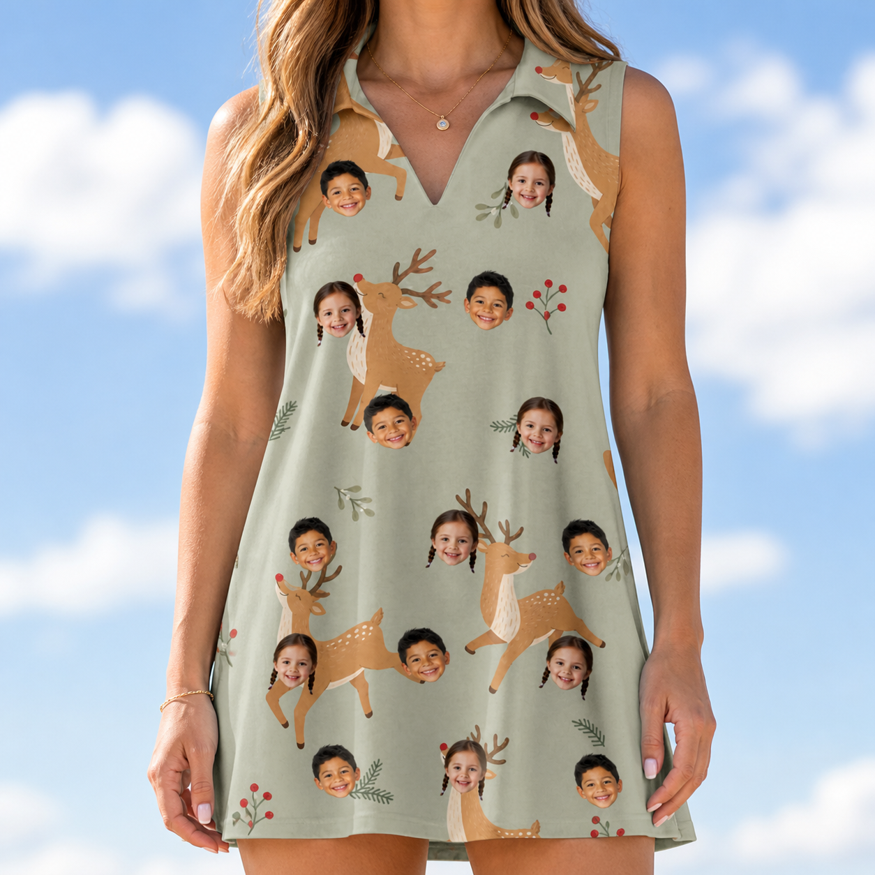Model wearing Women's Hoof Hootenanny Custom Face V-Neck Dress printed with kids' faces