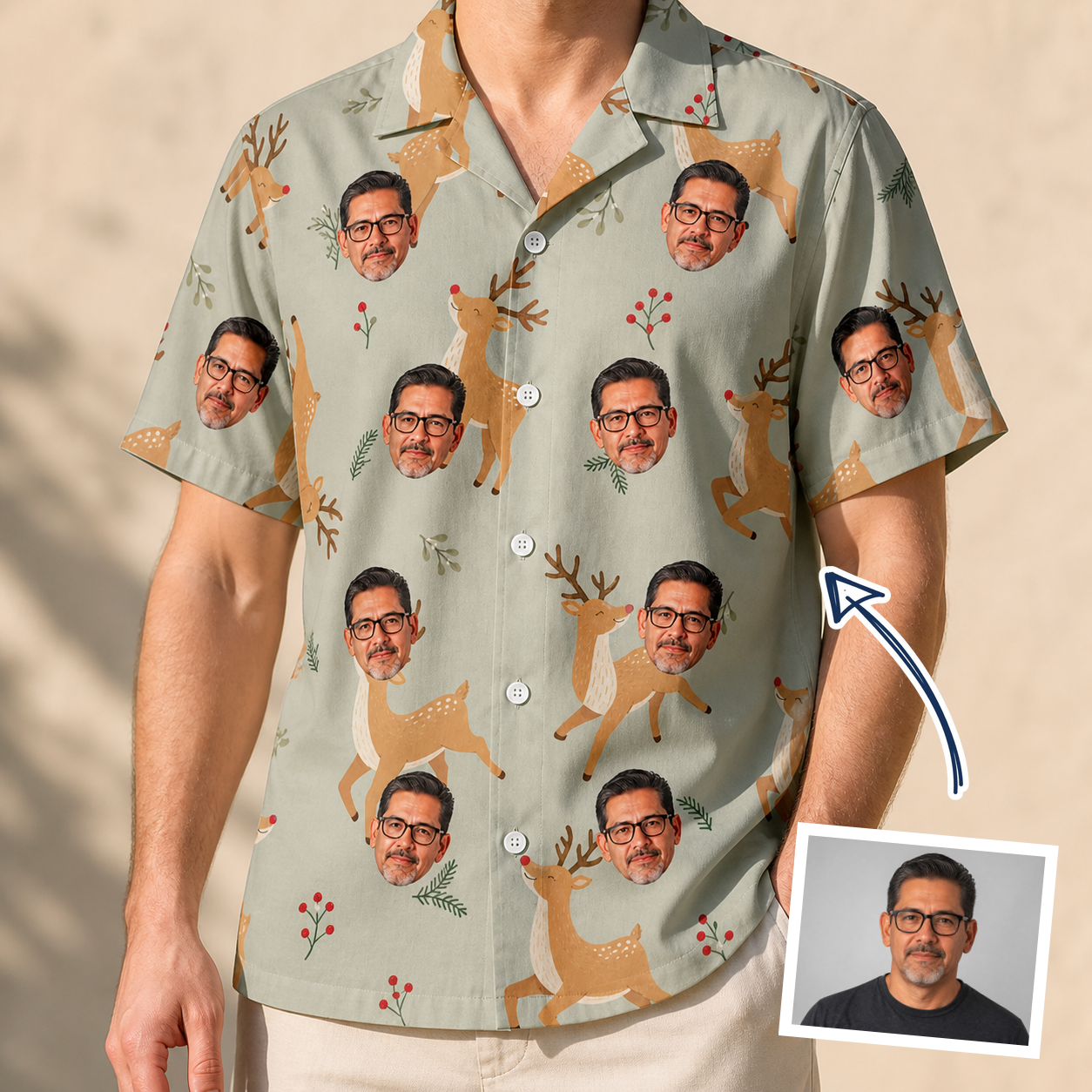 Man wearing Men's Hoof Hootenanny Custom Face Hawaiian Shirt — custom faces printed all-over