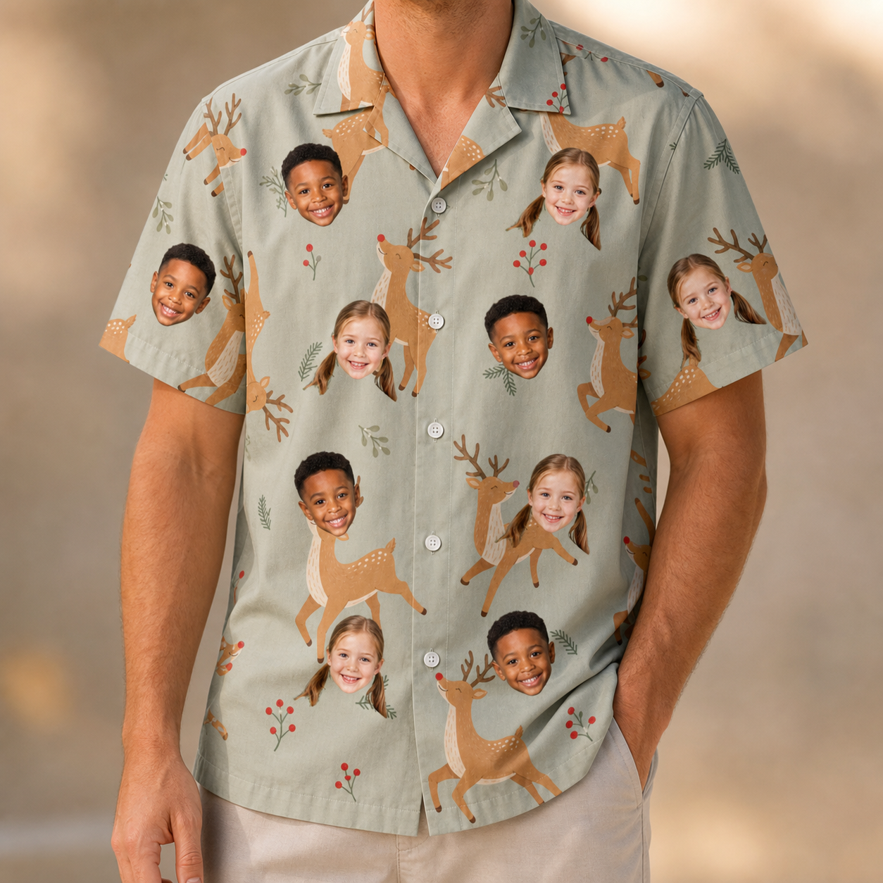 Model wearing Men's Hoof Hootenanny Custom Face Hawaiian Shirt printed with kids' faces