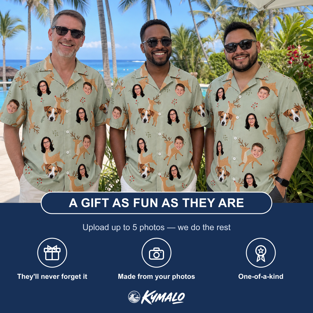 Friends in matching Men's Hoof Hootenanny Custom Face Hawaiian Shirt — a group gift photo