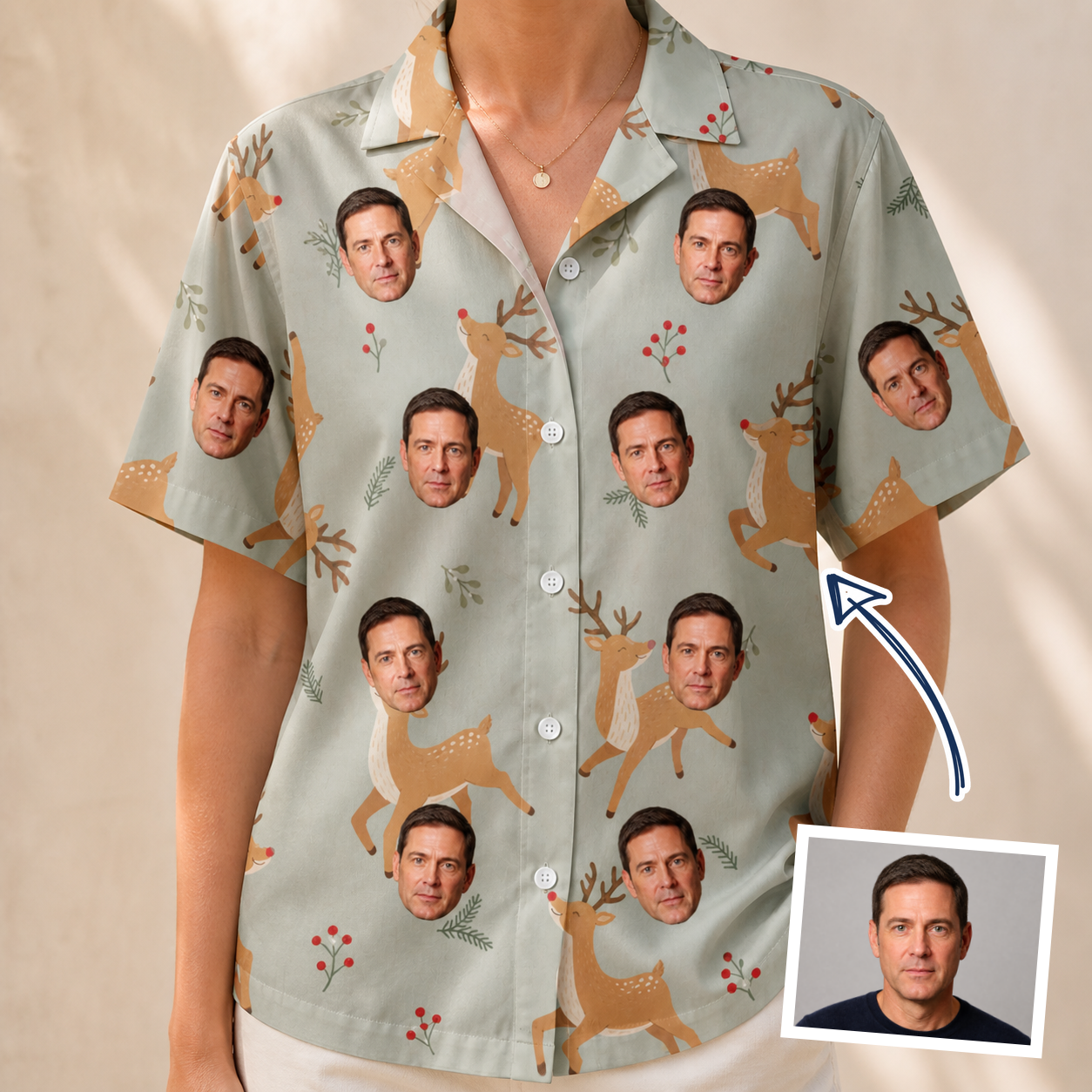 Woman wearing Women's Hoof Hootenanny Custom Face Hawaiian Shirt — custom faces printed all-over