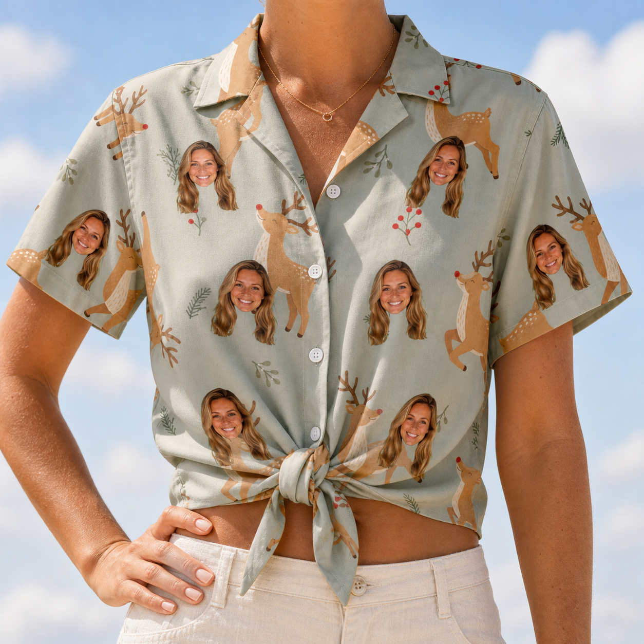 Woman wearing Women's Hoof Hootenanny Custom Face Hawaiian Shirt tied at the waist