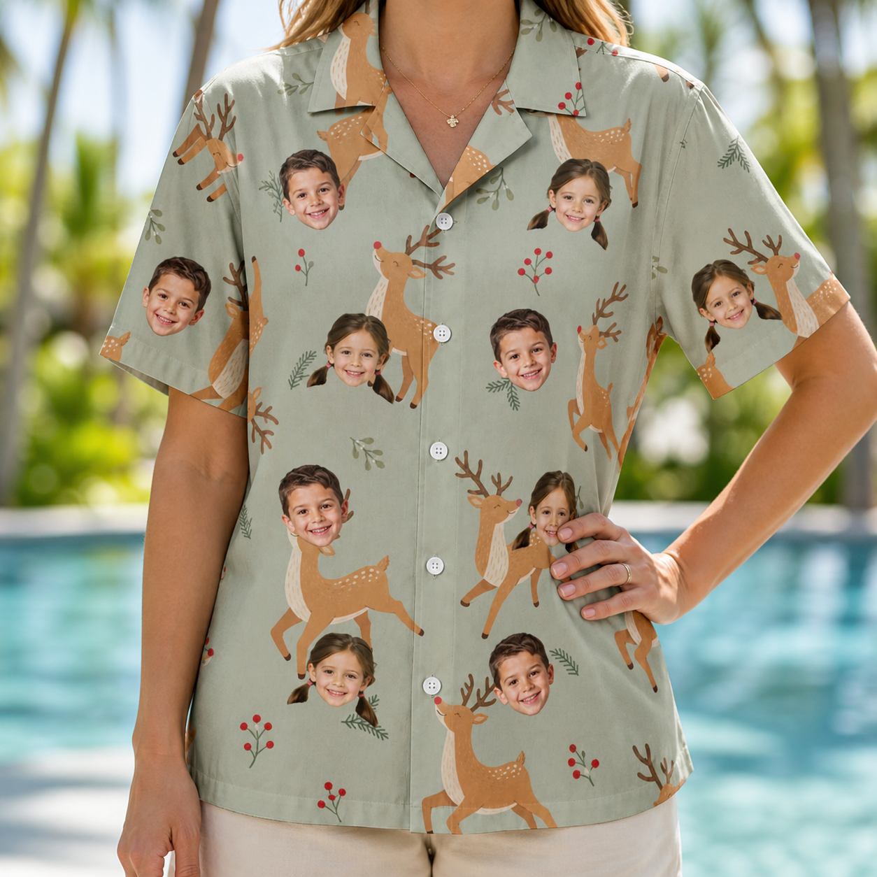 Model wearing Women's Hoof Hootenanny Custom Face Hawaiian Shirt printed with kids' faces