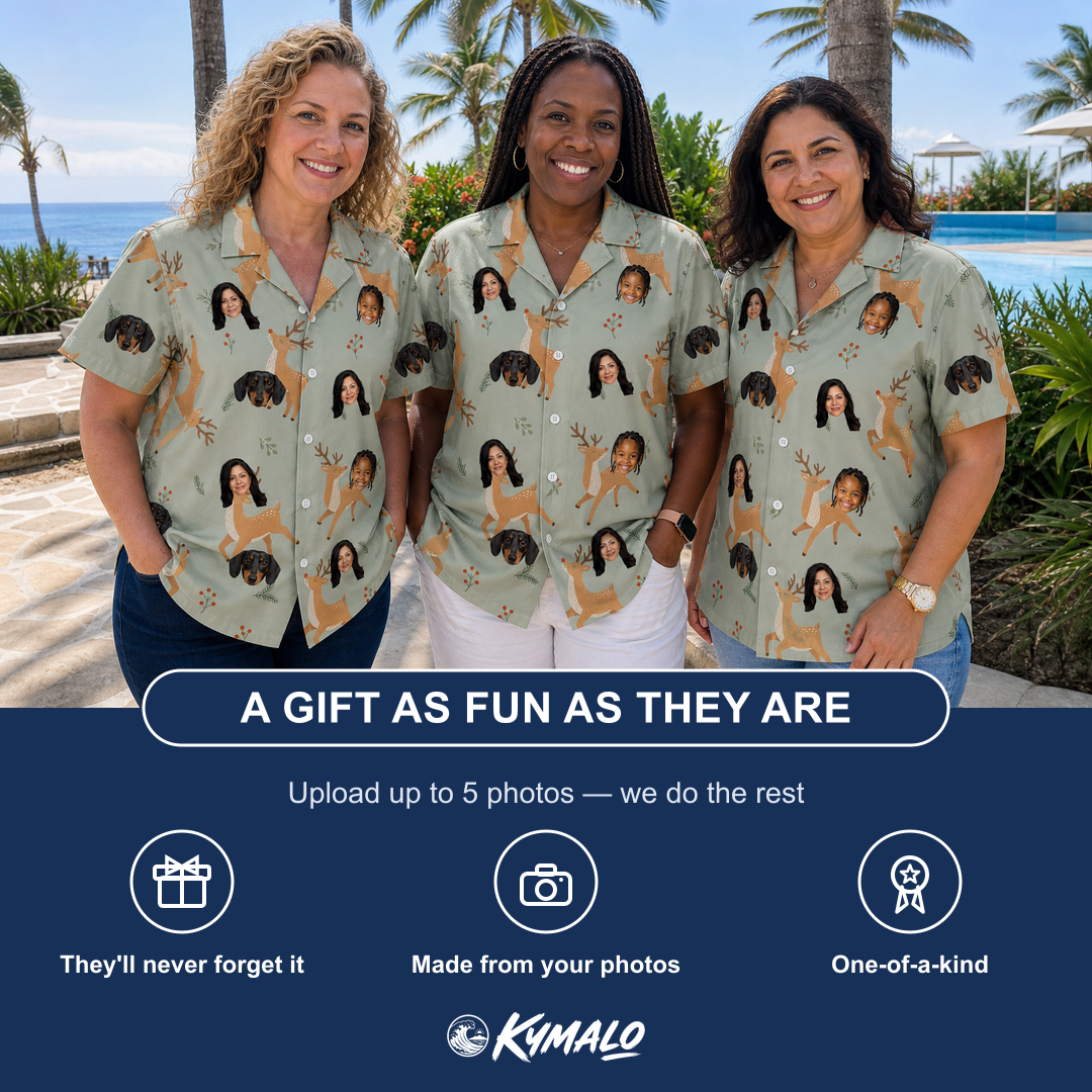 Friends in matching Women's Hoof Hootenanny Custom Face Hawaiian Shirt — a group gift photo