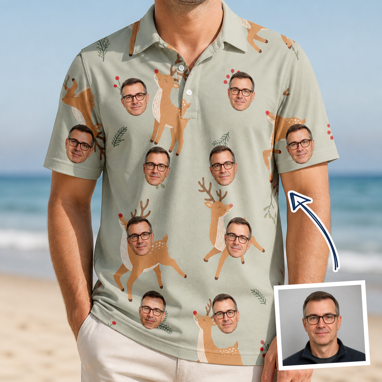 Man wearing Men's Hoof Hootenanny Custom Face Polo Shirt — custom faces printed all-over