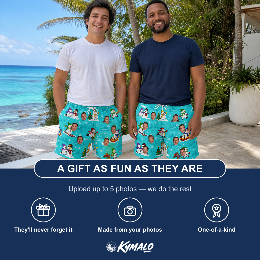 Friends in matching Men's Button Blizzard Custom Face Beach Shorts — a group gift photo