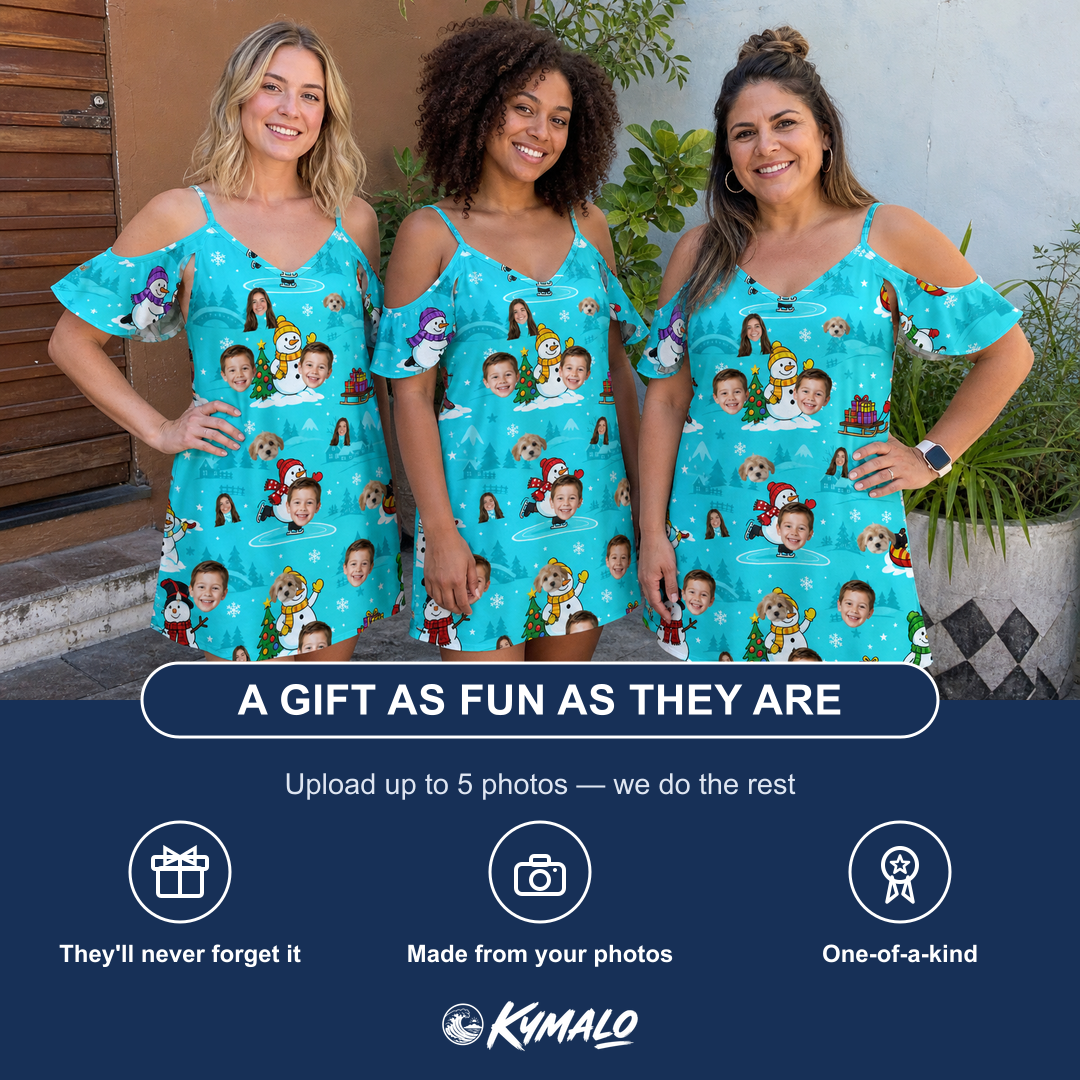 Friends in matching Women's Button Blizzard Custom Face Off-Shoulder Dress — a group gift photo