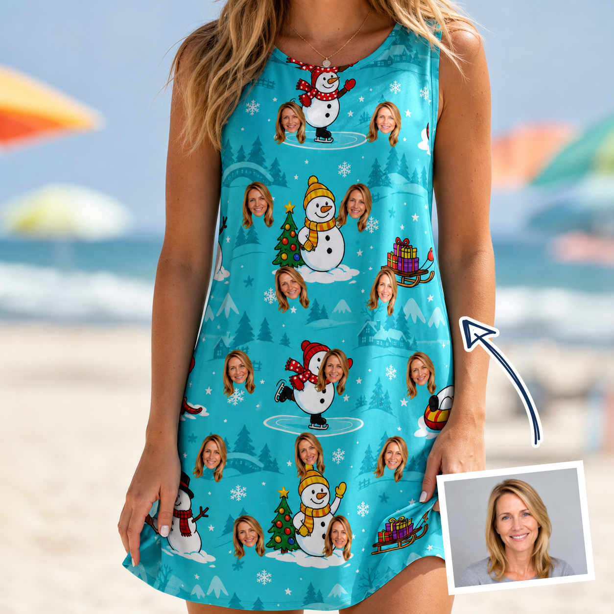 Woman wearing Women's Button Blizzard Custom Face Tank Dress — custom faces printed all-over