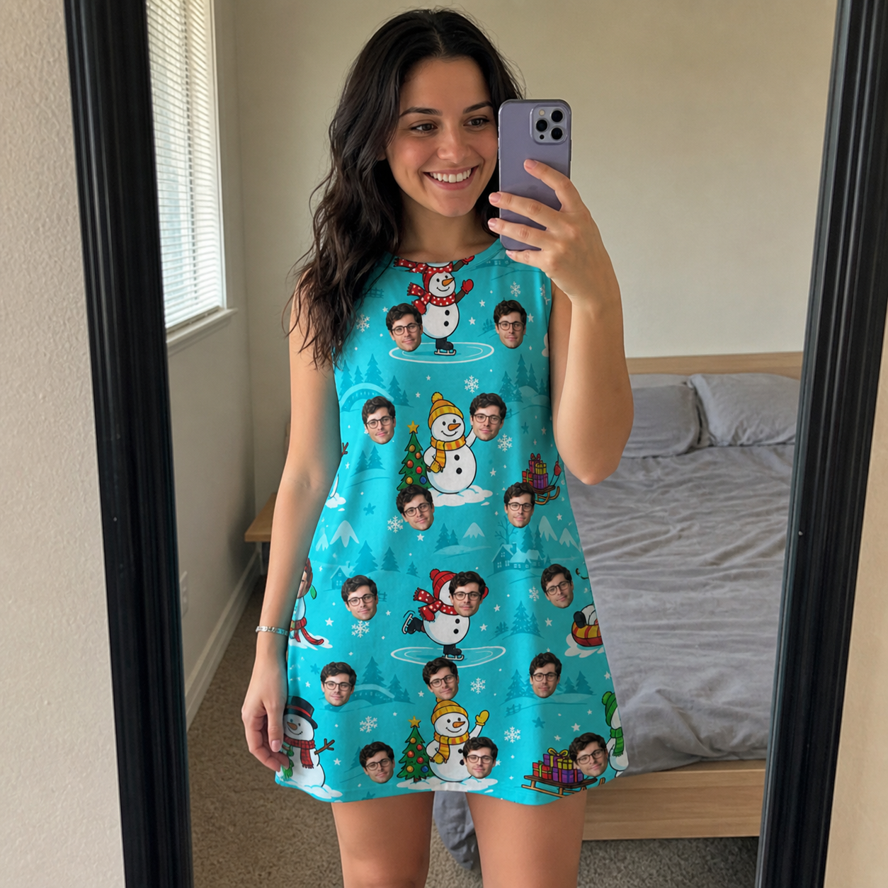 Real-life photo of someone wearing Women's Button Blizzard Custom Face Tank Dress — custom faces printed all-over