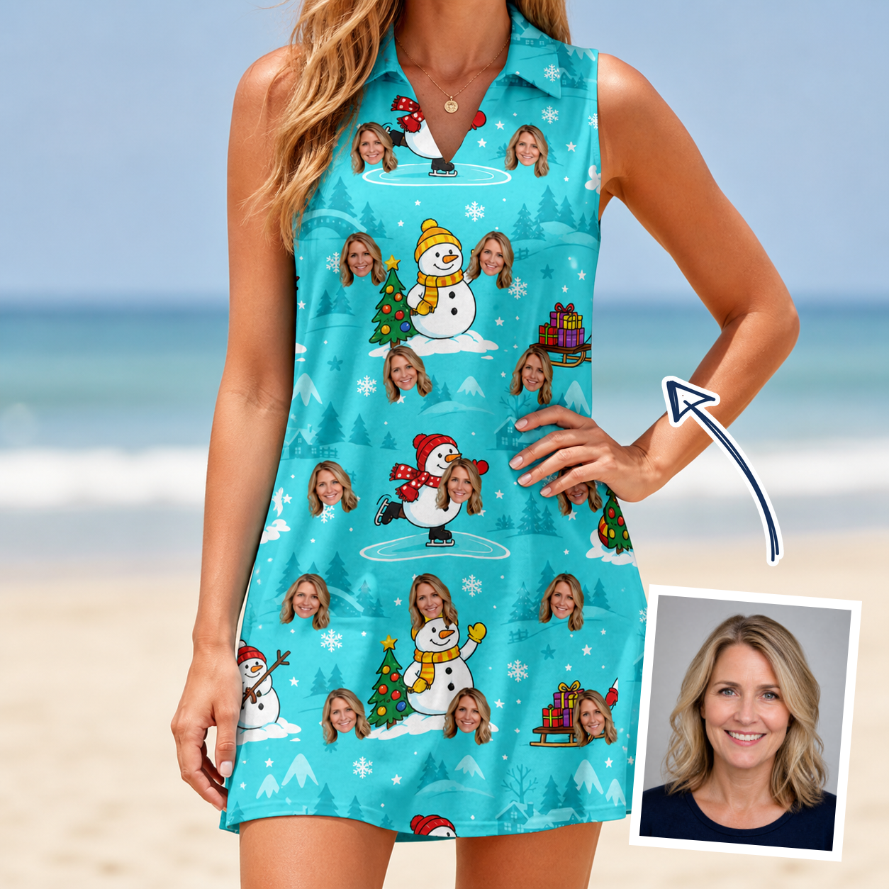 Woman wearing Women's Button Blizzard Custom Face V-Neck Dress — custom faces printed all-over