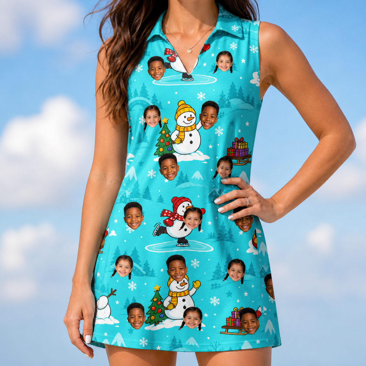 Model wearing Women's Button Blizzard Custom Face V-Neck Dress printed with kids' faces