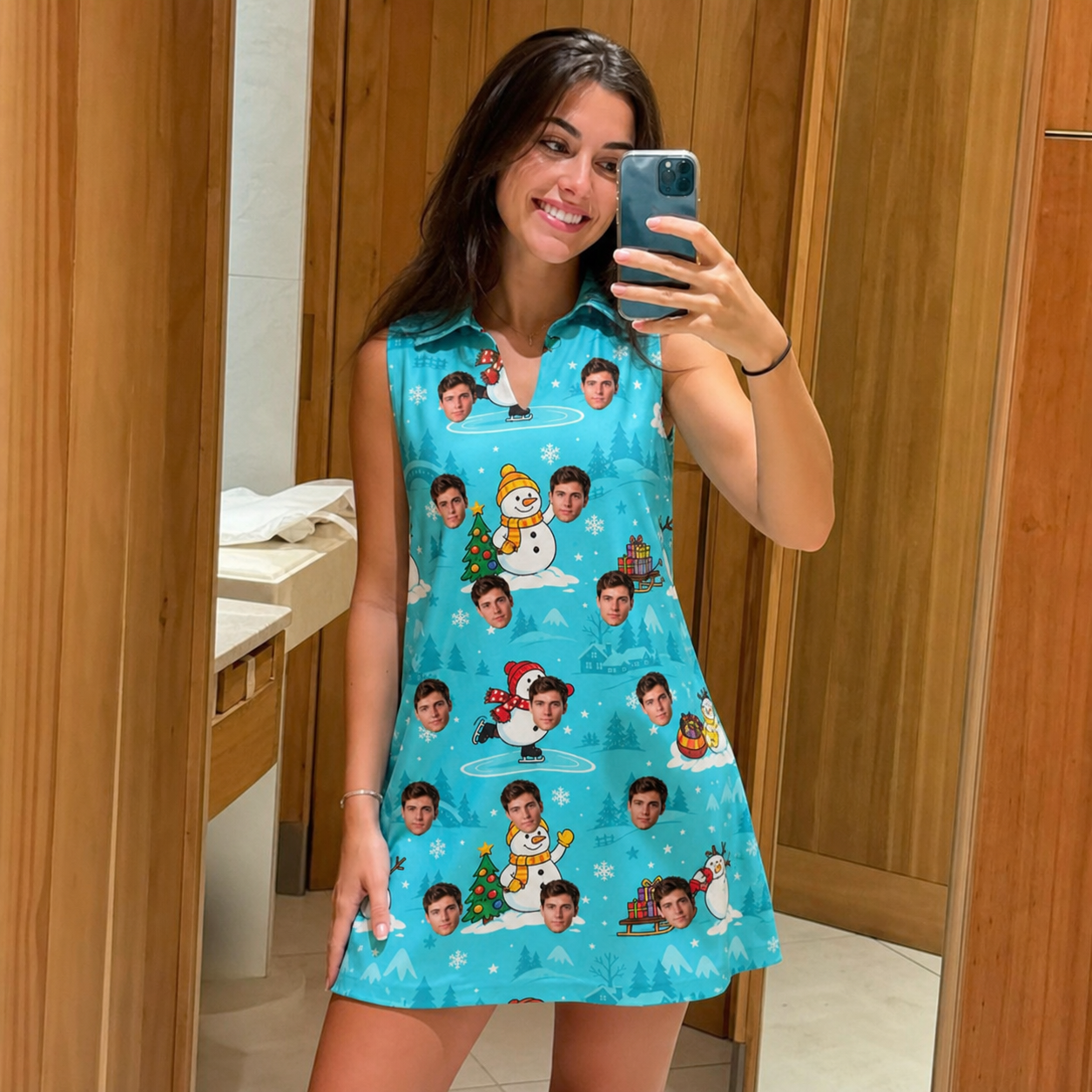 Real-life photo of someone wearing Women's Button Blizzard Custom Face V-Neck Dress — custom faces printed all-over
