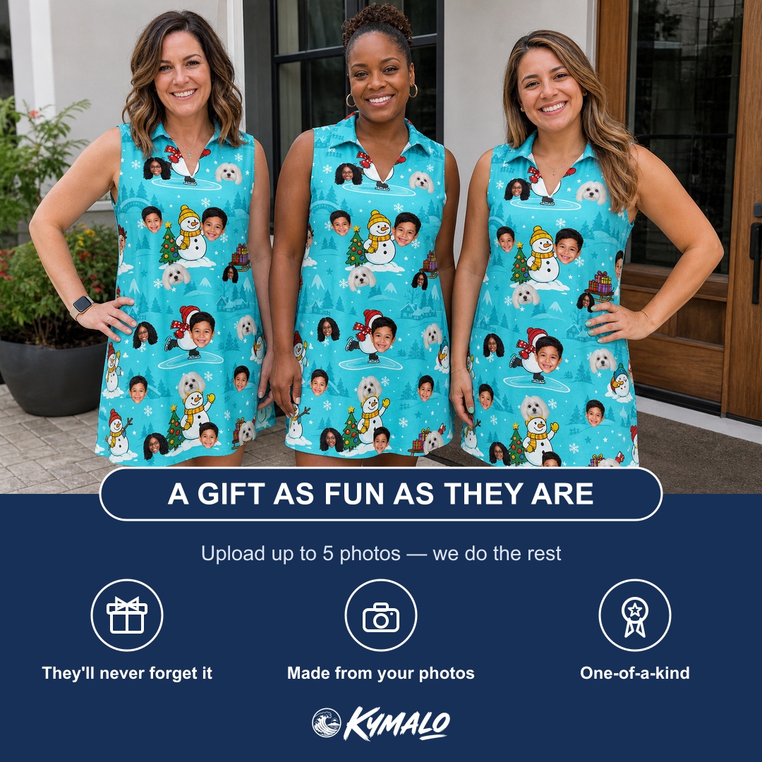 Friends in matching Women's Button Blizzard Custom Face V-Neck Dress — a group gift photo