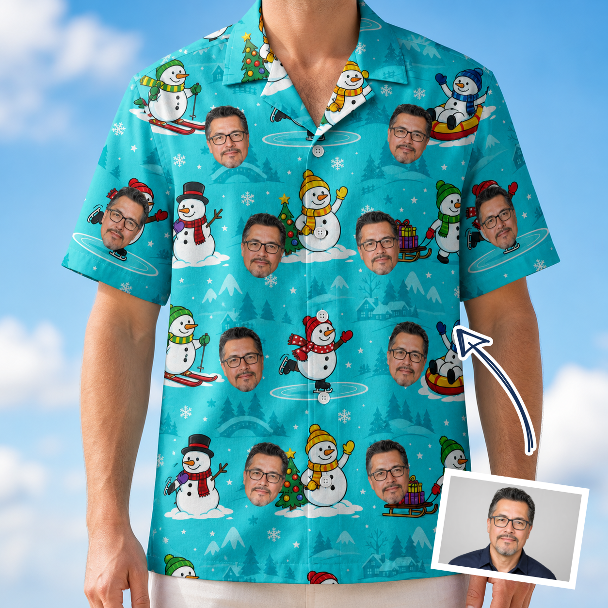 Man wearing Men's Button Blizzard Custom Face Hawaiian Shirt — custom faces printed all-over