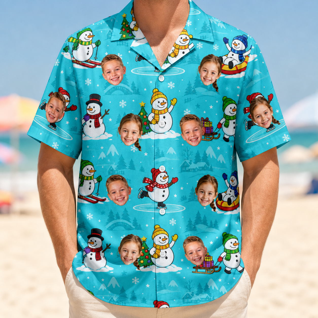 Model wearing Men's Button Blizzard Custom Face Hawaiian Shirt printed with kids' faces